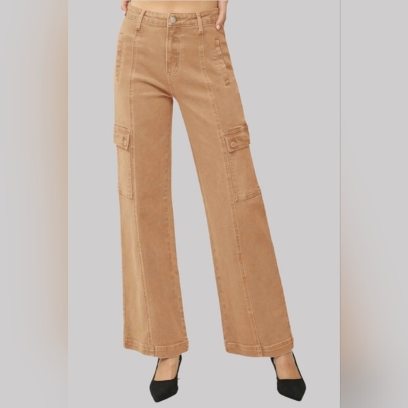 RISEN High Rise Wide Leg Cargo Jeans Cocoa Retro Vintage Style Regular Plus NEW - Picture 6 of 12